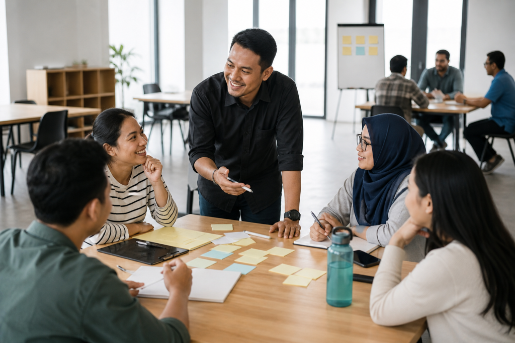 Sesi workshop kelompok dengan papan ide