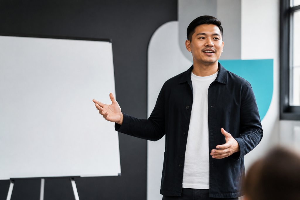 Mentor profesional berbicara di ruang studio modern